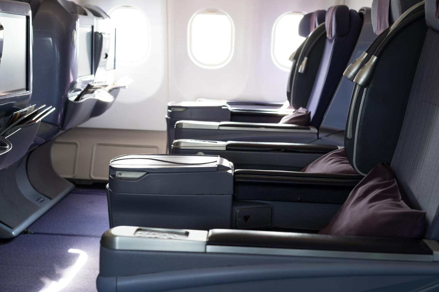 Business class cabin seats on a flight to Australia